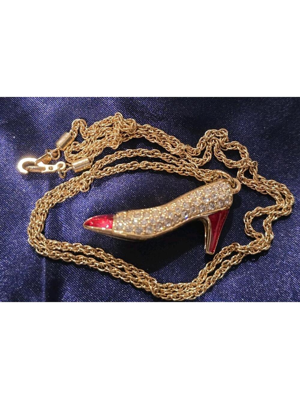 Vtg Swarovski Crystal & Red Enamel High Heel Shoe  24" Chain Retired 18KGP - Picture 3 of 5